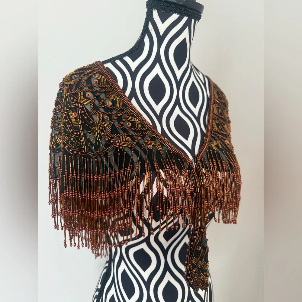 Gorgeous Vintage 70s 80s Sequin & Beaded Art Deco Shawl Capelet Rose Gold Bronze - Picture 3 of 15